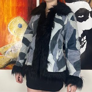 Leather Patchwork Penny Lane Afghan Coat with Faux Fur Trim